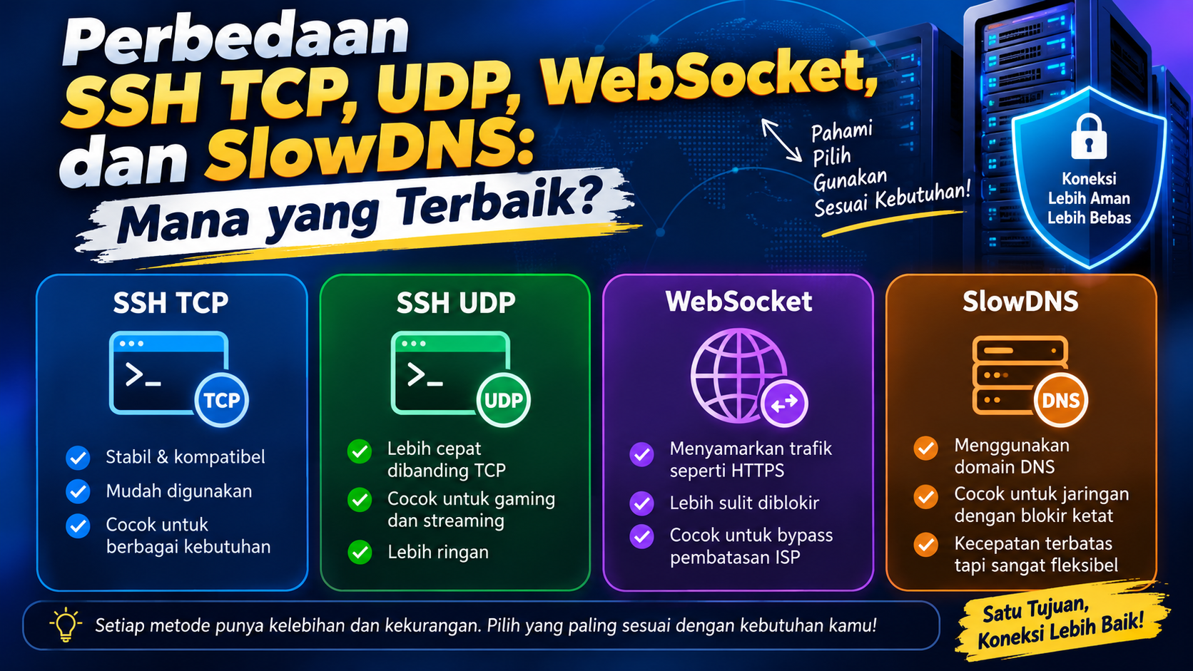 Perbedaan SSH TCP, UDP, WebSocket, dan SlowDNS: Mana yang Terbaik?